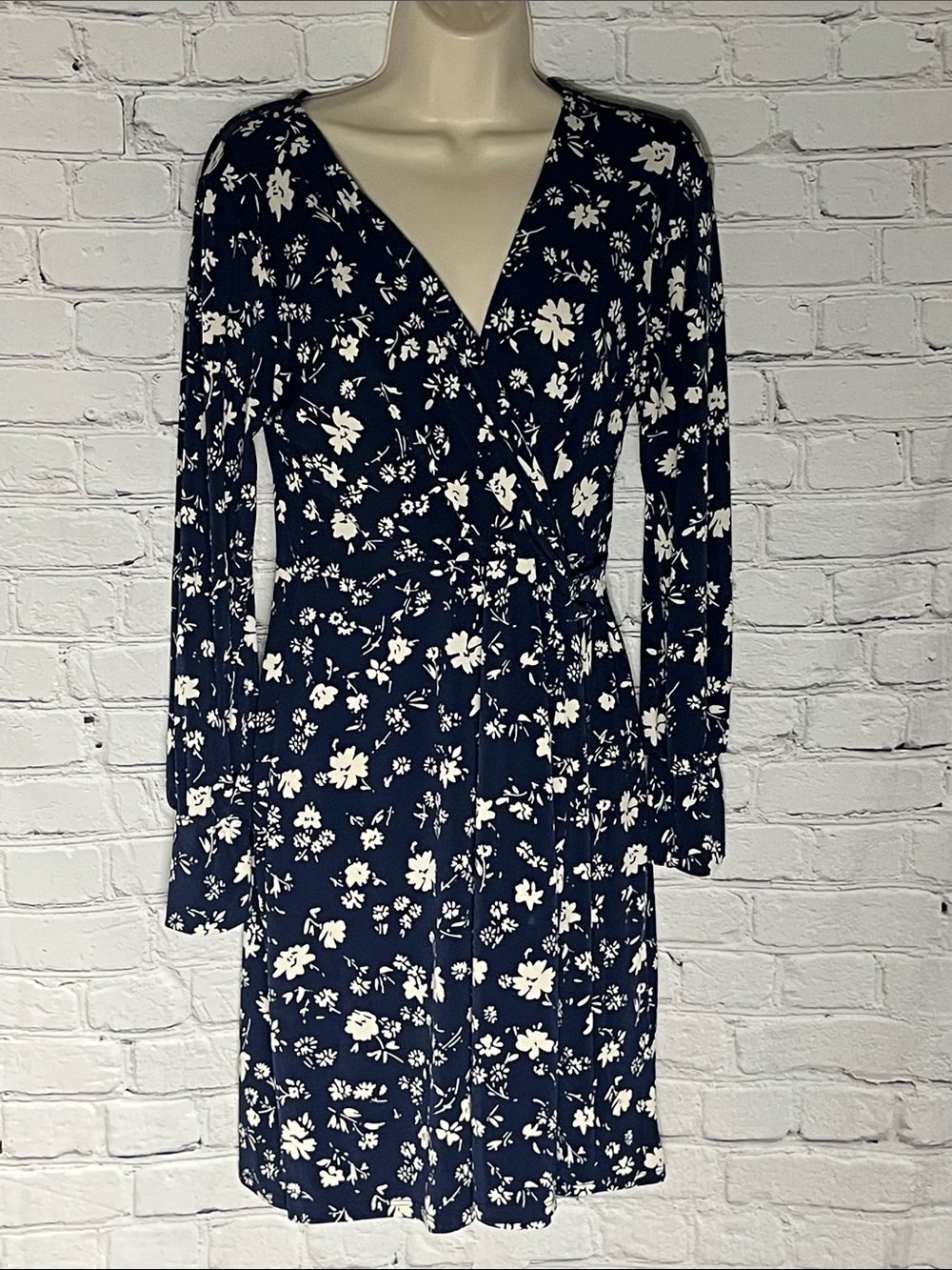Kaileigh Navy Floral Wrap Dress with White Print